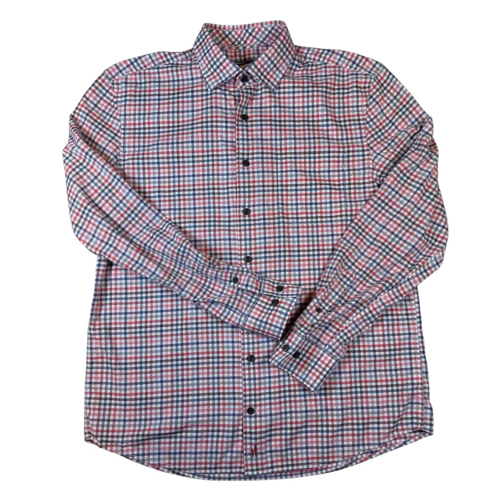 johnnie-O Long Sleeve Shirt Men’s Medium Red Blue Checkered Casual Button‎ Down